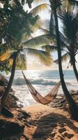 Hammock on beach with palm trees photo