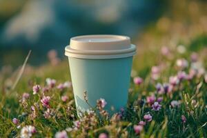 Eco-friendly coffee cup on grassy field with flowers photo