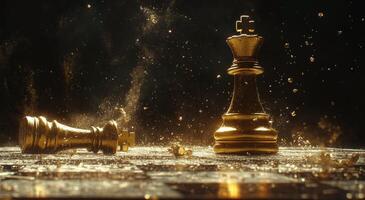 Golden king and queen on chess board with water splashes photo