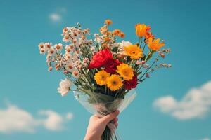 A person holding a bouquet of flowers against a blue sky photo