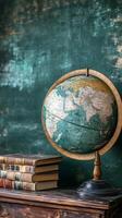 A vintage globe on a wooden table with books photo