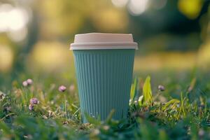 A green cup sitting on the grass with a tree in the background photo