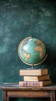 A globe on a stack of books in front of a chalkboard photo