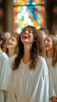 A woman in a choir is laughing and smiling photo