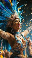A woman in a blue and gold costume with feathers photo