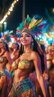 A woman in a colorful costume dancing at a carnival photo