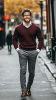 A man in a maroon sweater and glasses walking down the street photo