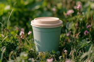 A green cup sitting on the grass with a lid photo