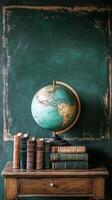 Vintage globe, books and chalkboard background photo