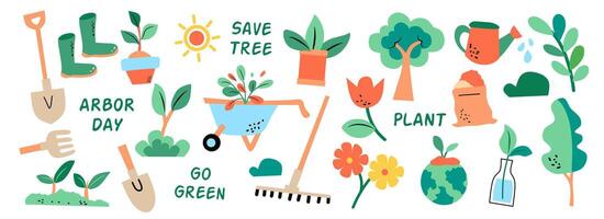 Set of Arbor Day elements. Illustration graphic with hand drawn isolated doodle with flowers, tree, garden tools. Symbols of gardening on white background. Sketches collection for use in design vector