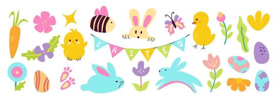 Set of of Easter day icon elements with bunny, hen, bird characters, eggs, flower, leaves and butterfly. Cheerful festive decoration with a focus on the Easter holiday. Colorful illustration. vector