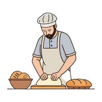 Baker in traditional baker's attire making bread vector