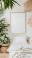 A white bedroom with a bed, white sheets and a wooden frame photo