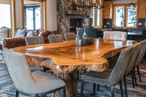 A large wooden table with chairs and a fireplace photo
