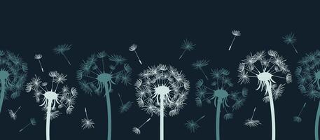 A seamless border featuring fluffy dandelions and floating seeds on a dark background, creating a whimsical and enchanting atmosphere that captures the essence of nature and tranquility. vector