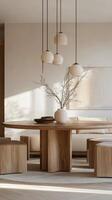 A modern dining room with wooden furniture and a large table photo