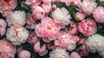 A large group of pink and white peonies photo
