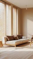 A living room with a sofa, coffee table and window blinds photo