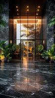 Modern entrance to a luxury hotel with marble floors and plants photo