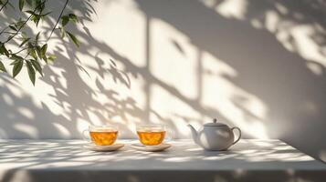 Two cups of tea sit on a table with a shadow photo