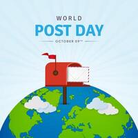 World Post Day October 09th banner with mailbox and globe illustration on sunburst background vector