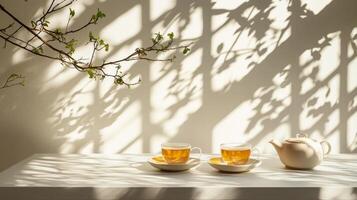 Two cups of tea sit on a table next to a window photo