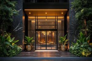 The entrance to a luxury apartment building photo