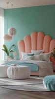 A bedroom with turquoise walls and white furniture photo