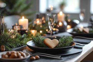 A table setting with christmas decorations and a heart shaped cookie photo
