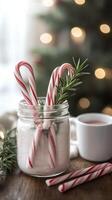 Candy cane sugar scrub in a jar with a mug of hot chocolate photo