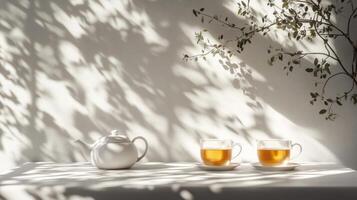 Two cups of tea sit on a table with a white wall behind them photo
