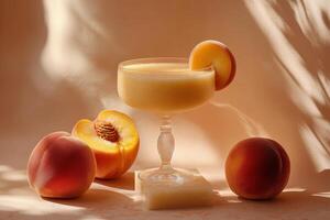 A glass of peach juice with a slice of peach photo