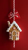 A gingerbread house with candy cane and red ribbon photo