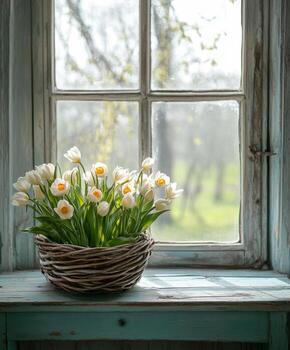 White tulips in a basket on a window sill photo