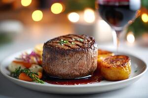 A steak and potatoes on a plate with a glass of wine photo