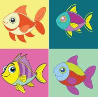 four different colored fish on a colorful background vector