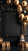 Gold and black balloons and a black frame with a gift box photo