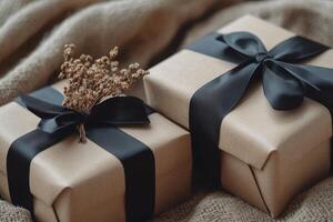Two brown gift boxes with black ribbon and a dried flower photo