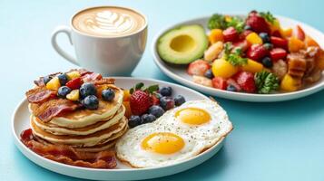 Breakfast with pancakes, eggs, fruit and coffee photo