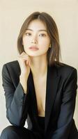 A woman in a black suit posing for a photo