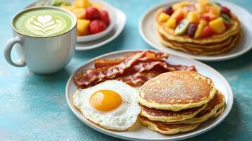 Pancakes, bacon, and eggs are served on plates photo
