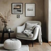 A living room with a chair and a table photo