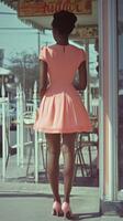 A woman in a pink dress standing outside a restaurant photo