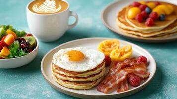 Pancakes, fruit and coffee on plates photo