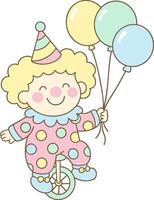 Clown with balloons in a cute cartoon clowncore style riding a unicycle for playful design vector
