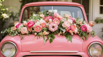 A pink car with flowers on the front photo