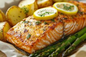 Salmon, potatoes and asparagus on a parchment paper photo