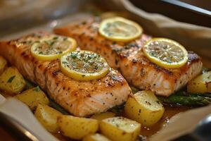 A pan with salmon and potatoes on it photo