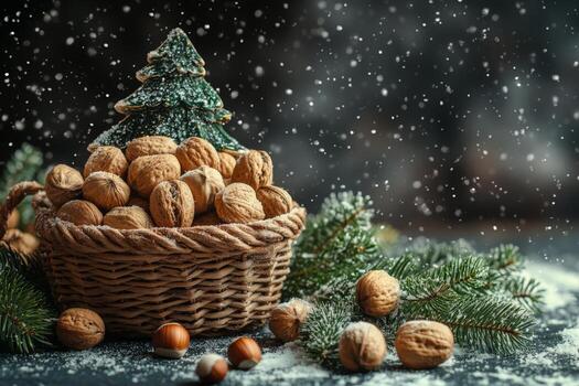 Walnuts in basket with christmas tree on dark background photo
