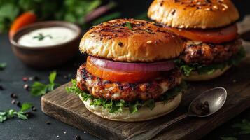 Two hamburgers with vegetables and sauce on a cutting board photo